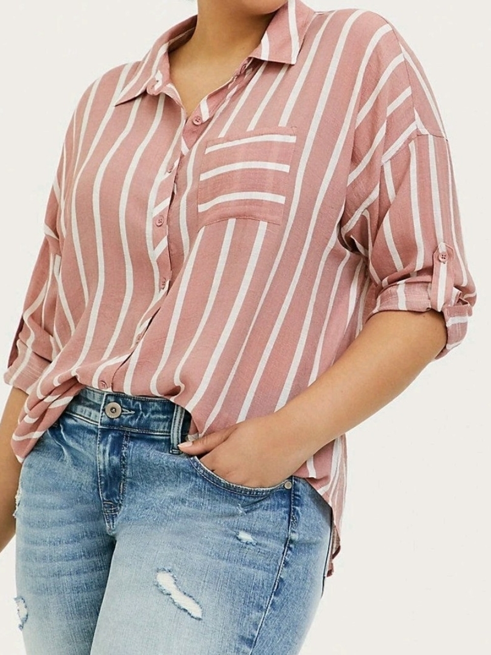 Torrid Striped Button-Down Blouse in Dusty Rose and White